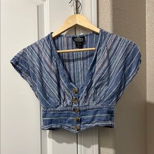 Angie Blue Cap Sleeve Fitted Crop Blouse